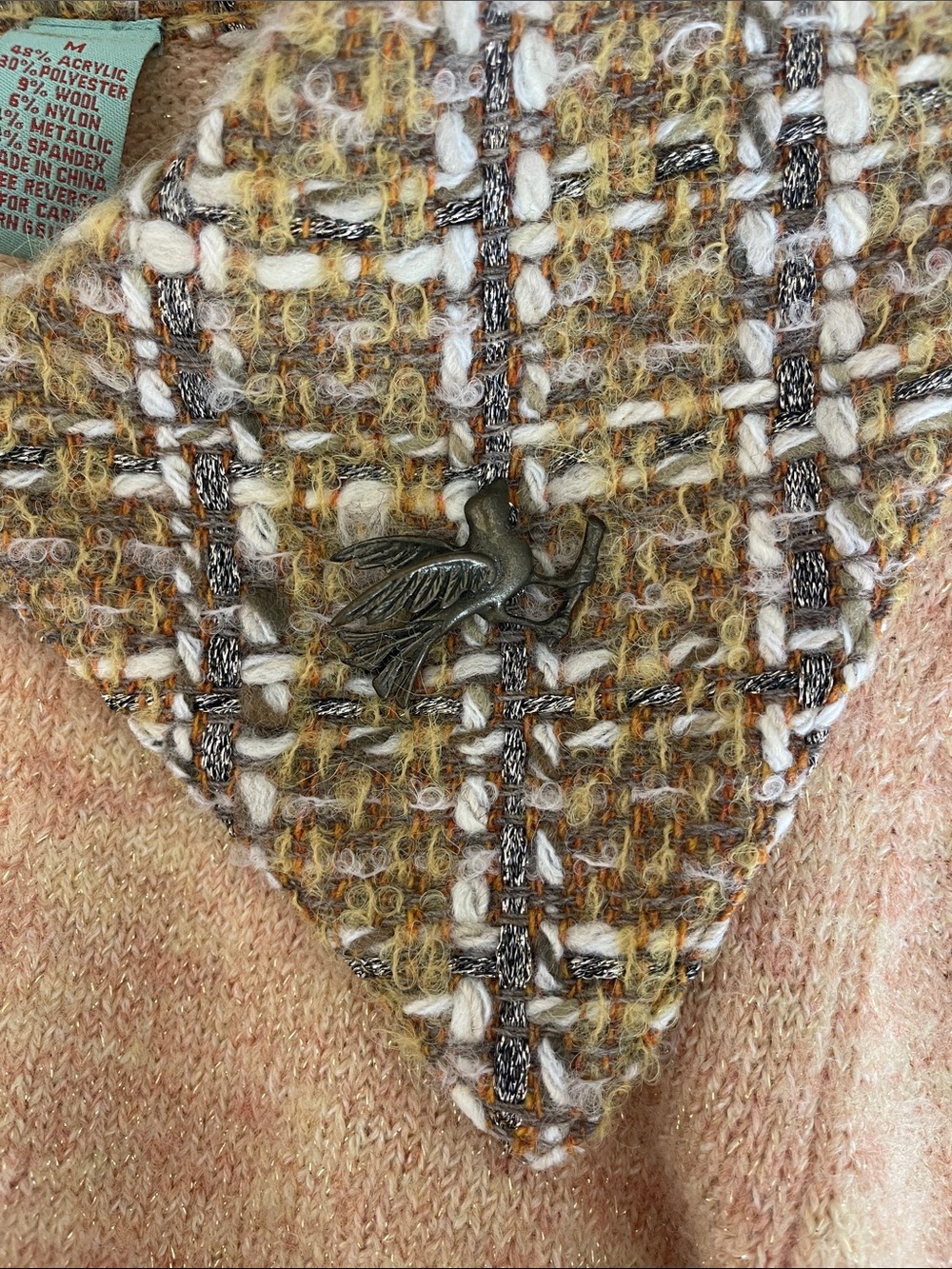 Anthropologie Medium Peach Knit Sweater with Tweed Collar and Cuffs - Picture 3 of 5